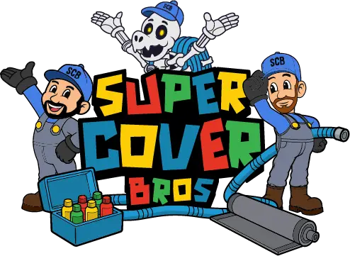 Super Cover Bros logo featuring two cartoon pool technician characters with pool maintenance tools